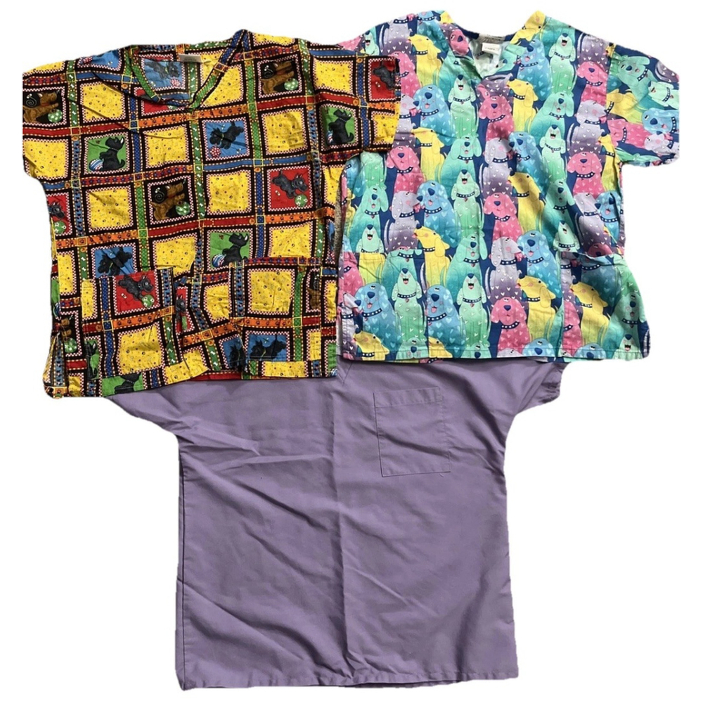 Fundamentally Cotton By White Swan Scrub Tops Puppy Dog Designs Small 3-LOT EUC